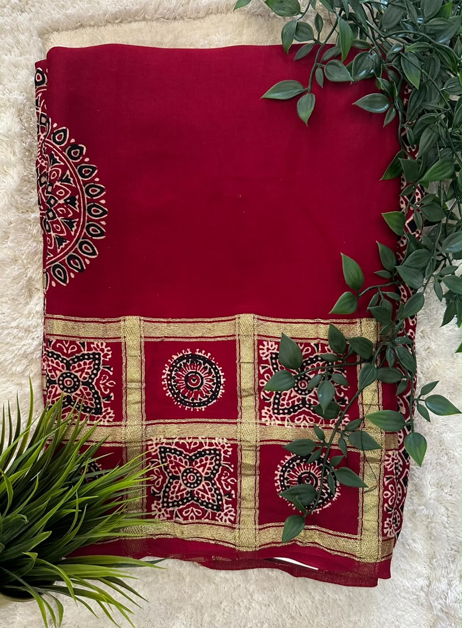 Red Ajrakh Print Modal silk Saree