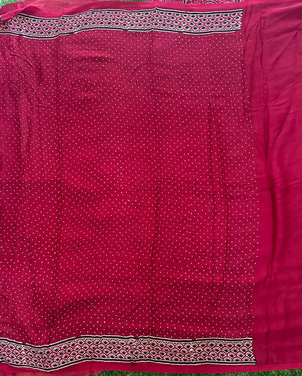 Red Ajrakh Print Modal silk Saree image 2