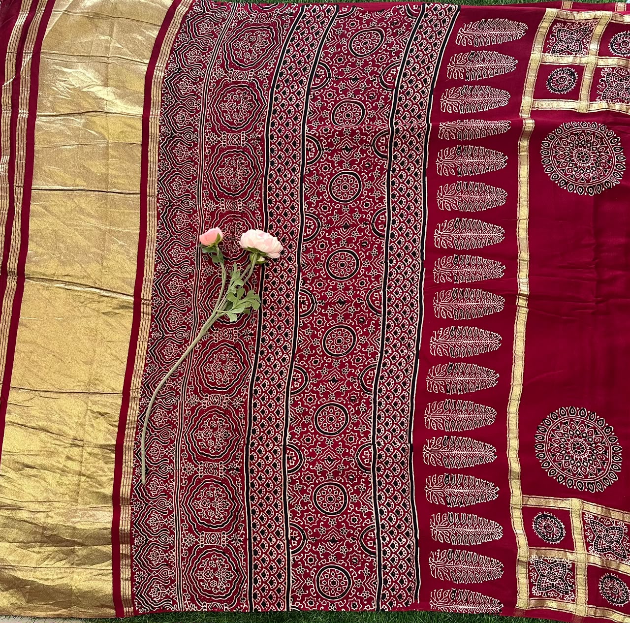 Red Ajrakh Print Modal silk Saree image 4