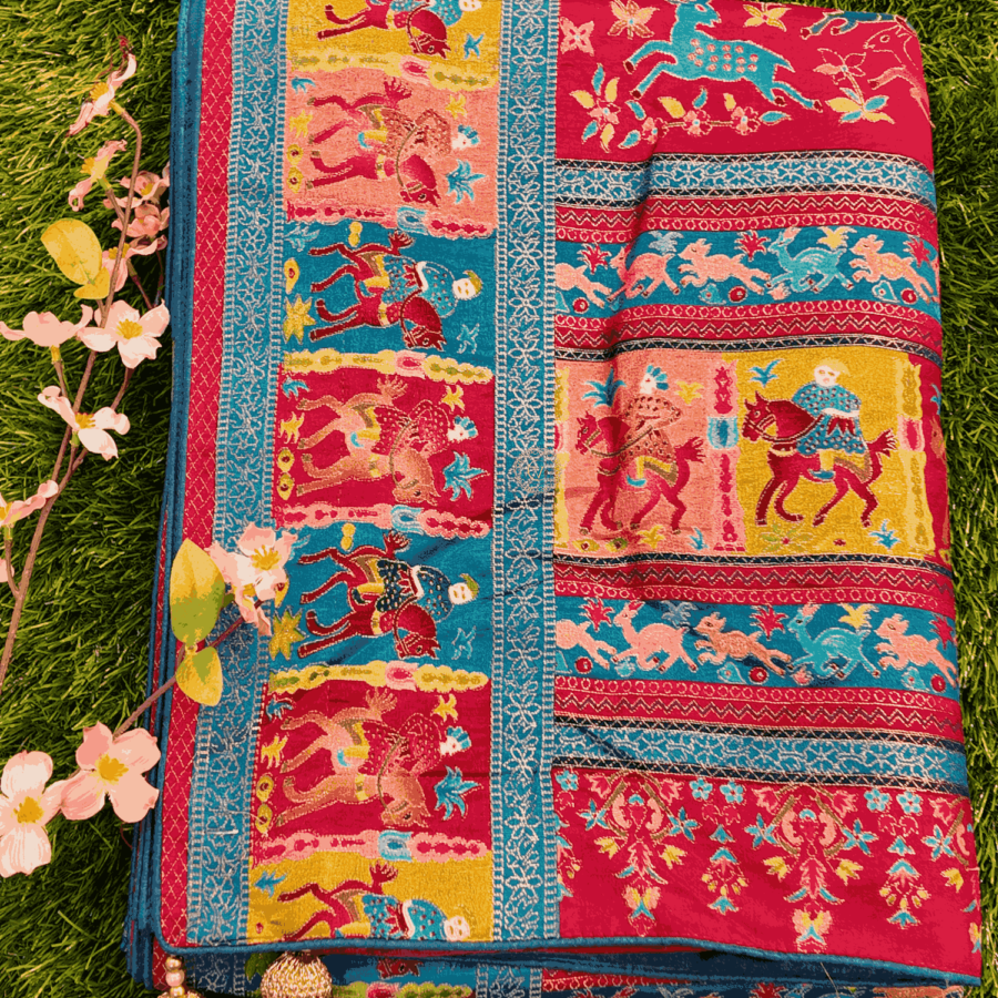 Banarasi Munga Silk Saree, Animal Vieving, Dark Pink with Blue