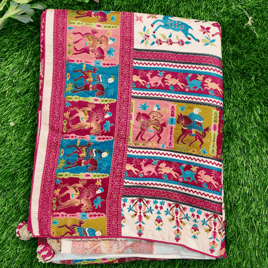 Banarasi Munga Silk Saree, Animal Vieving, Peech with Pink