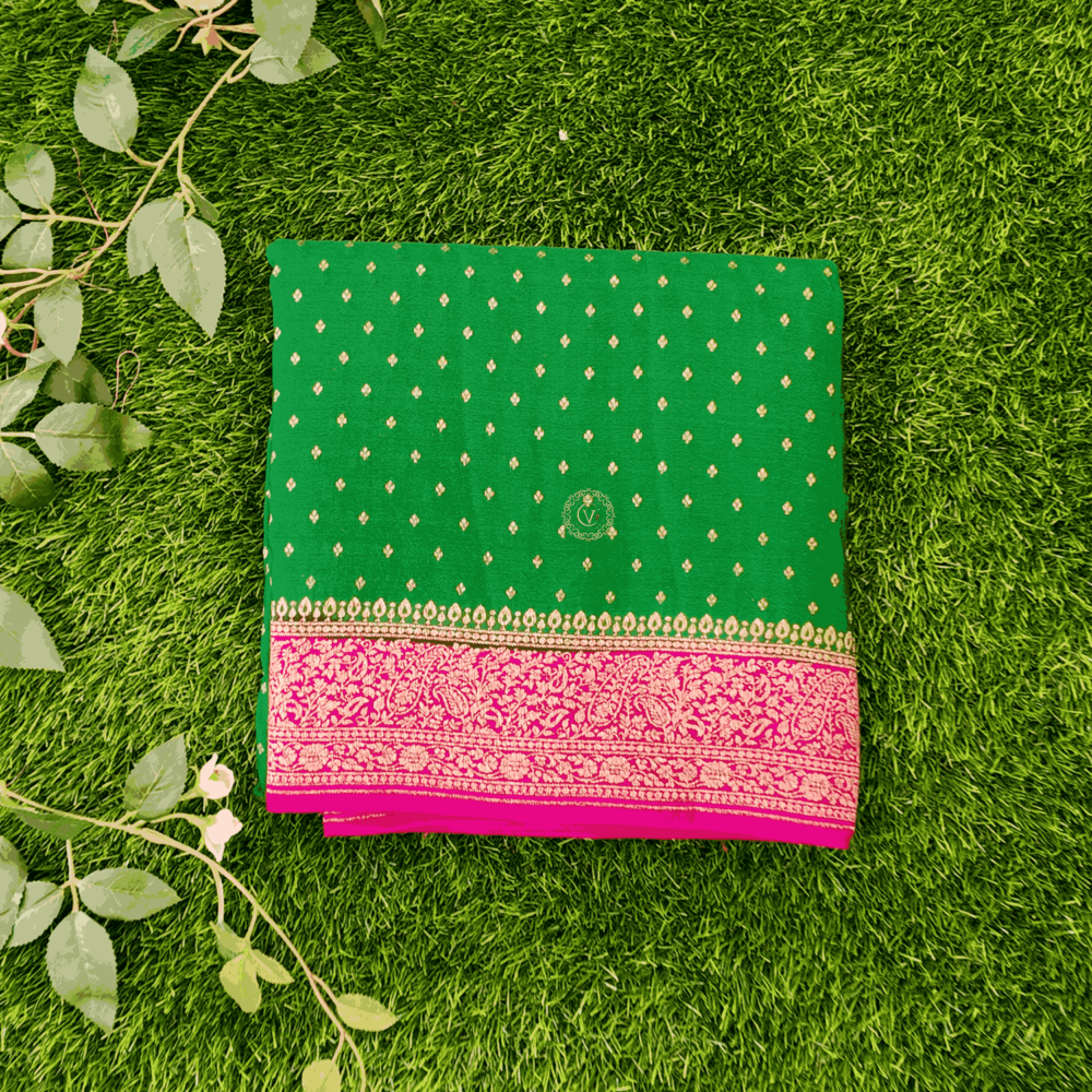 Pure Banarasi Saree, Butta Pattern, Green with Pink