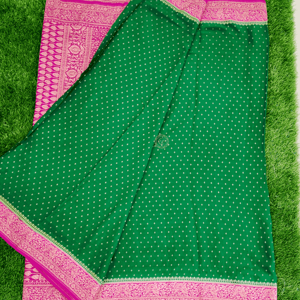 pure banaras butta pattern green with pink sare