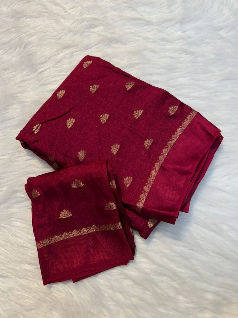 Material : Pure viscose soft Jute Khadi fabric Design : : Pure viscose soft Jute Khadi fabric with small jacquard butti all over with satin patta border Blouse : Blouse Attached Length of saree : 6.5 mts Including Blouse Wash & Care : Dry clean only Blouse Stitching & Falls/Pico : Please contact us on +91 6360354017 • No Return No Refund • Exchange Possible if any Damages • Once your order is dispatched, we will send automated messages to keep you informed about the shipping status. • The delivery time varies based on your order and delivery location. Note : There might be mild colour variation in the saree due to colour reproduction in camera and screen