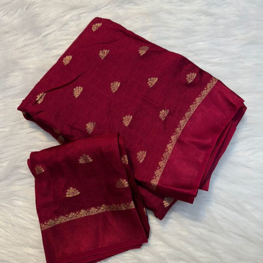 Material : Pure viscose soft Jute Khadi fabric Design : : Pure viscose soft Jute Khadi fabric with small jacquard butti all over with satin patta border Blouse : Blouse Attached Length of saree : 6.5 mts Including Blouse Wash & Care : Dry clean only Blouse Stitching & Falls/Pico : Please contact us on +91 6360354017 • No Return No Refund • Exchange Possible if any Damages • Once your order is dispatched, we will send automated messages to keep you informed about the shipping status. • The delivery time varies based on your order and delivery location. Note : There might be mild colour variation in the saree due to colour reproduction in camera and screen