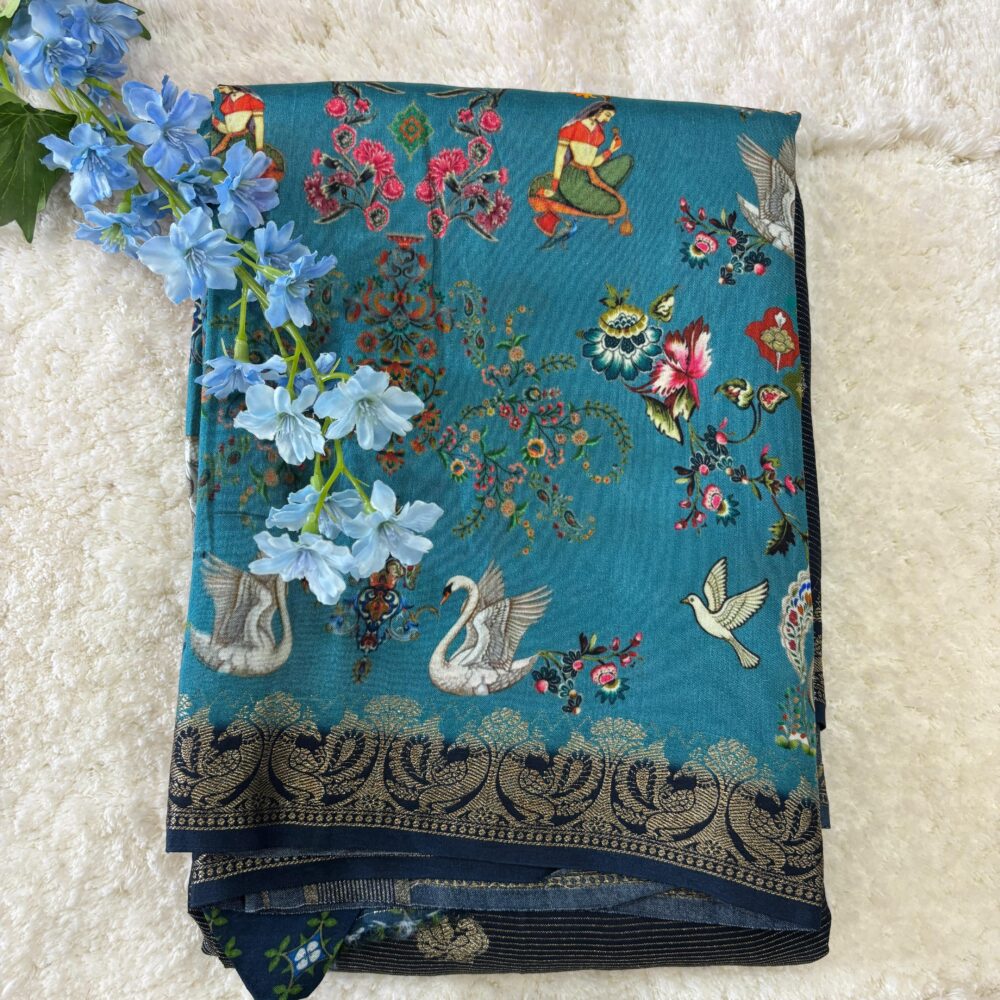 Multi Colour Kalamkari Printed Dola Crepe Saree