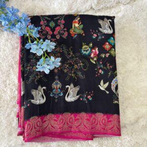 Multi Colour Kalamkari Printed Dola Crepe Saree