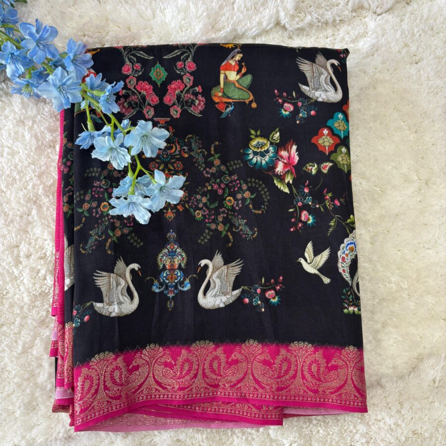 Multi Colour Kalamkari Printed Dola Crepe Saree