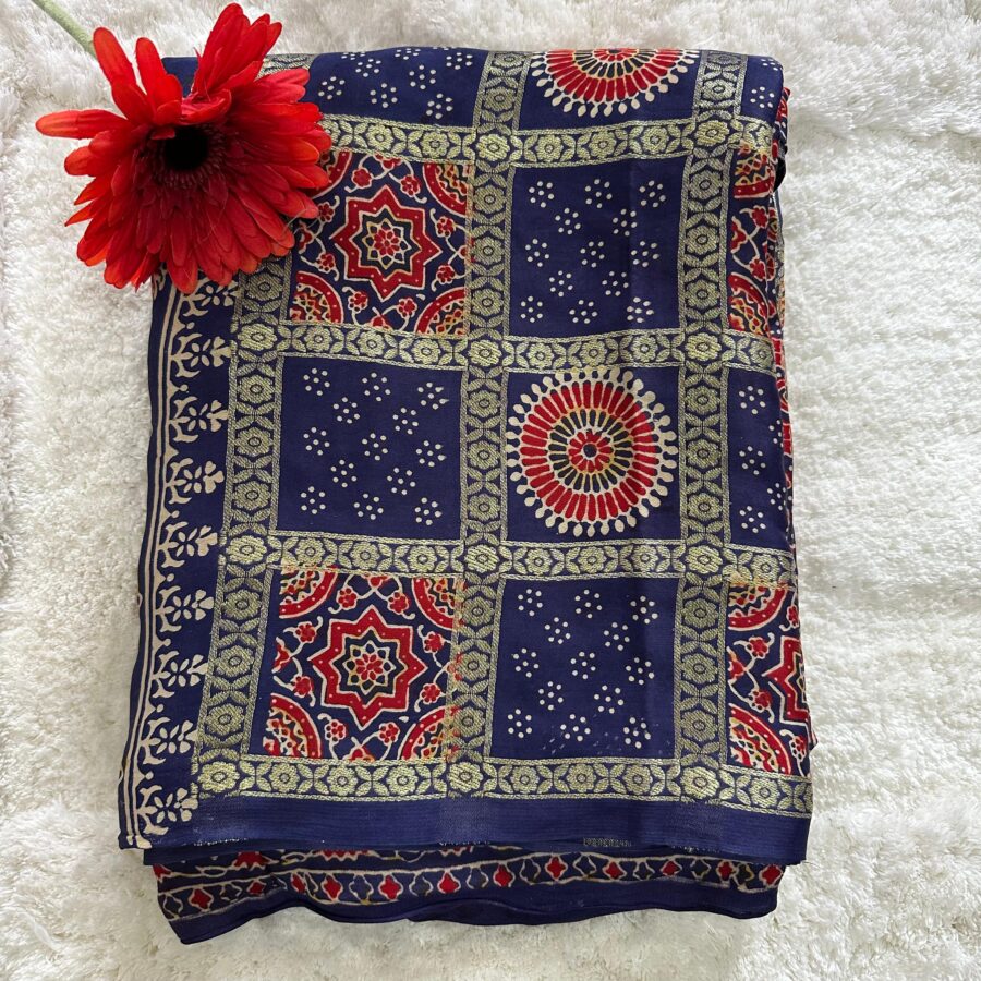 Pure Modal Silk Ajrak Print Bandhini Saree