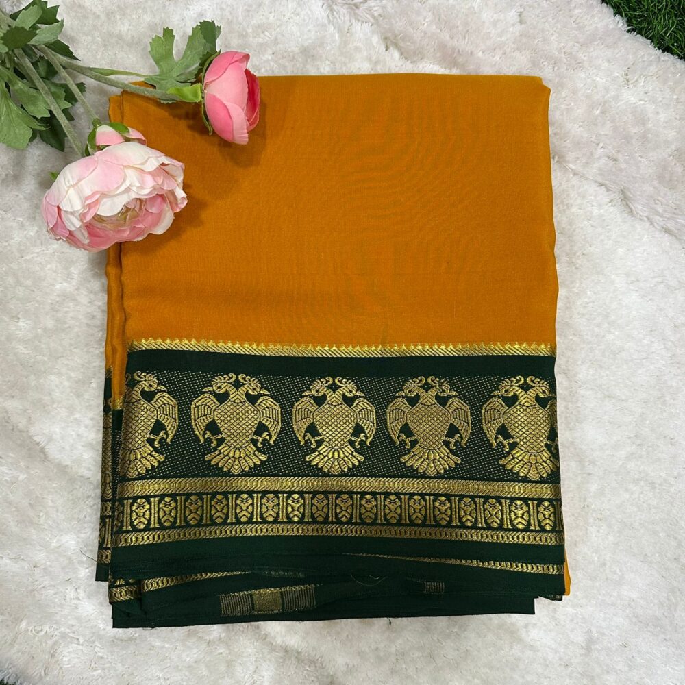 Pure Mysore Silk Crepe Gandaberunda Border Saree