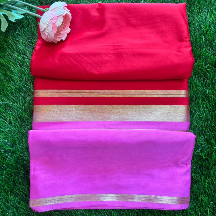 Semi Mysore Crepe Red With Pink Contrast Saree