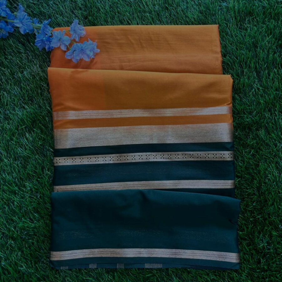 Semi Mysore Crepe  Mustard Yellow With Bottle Green Contrast