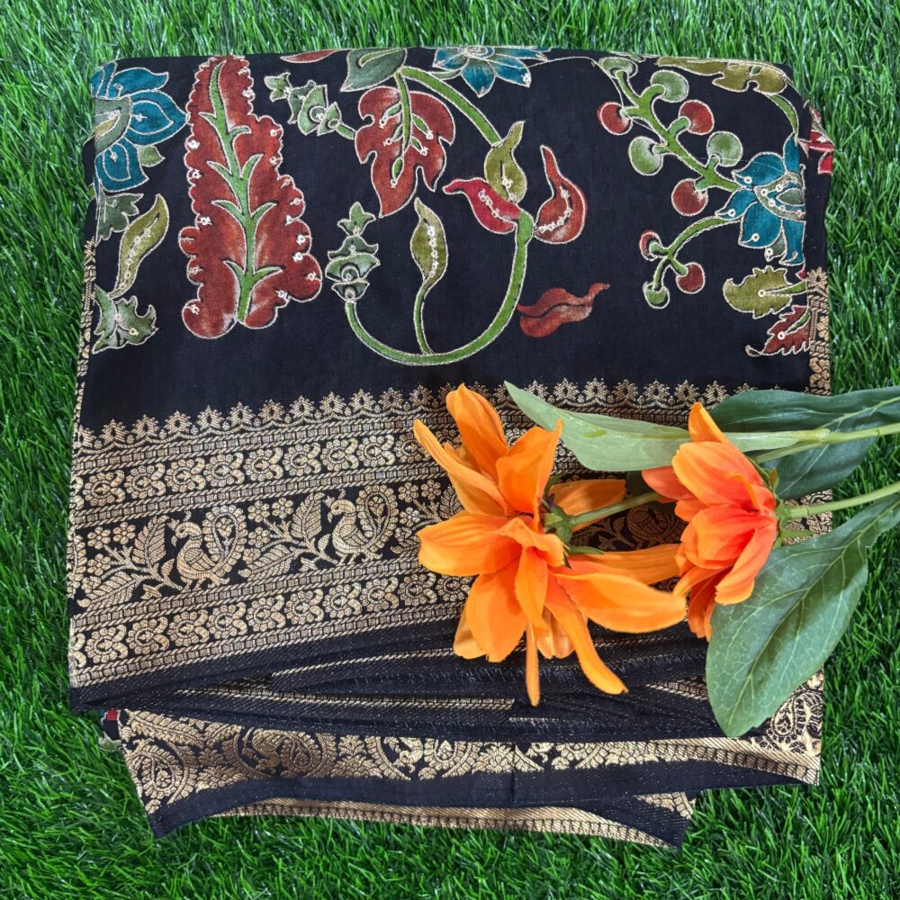 Black  Crepe Fabric with Multicolor Embroidered & Rich Pallu And Border