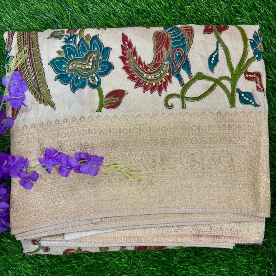 Cream Crepe Fabric with Multicolor Embroidered & Rich Pallu And  Border