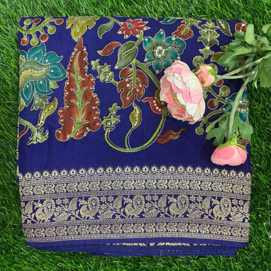 Cream Crepe Fabric with Multicolor Embroidered & Rich Pallu And Border